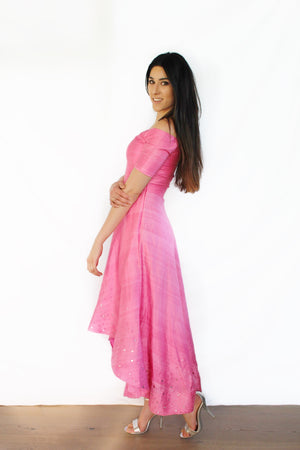 Pink Raw Silk Mirror Work HiLo Gown